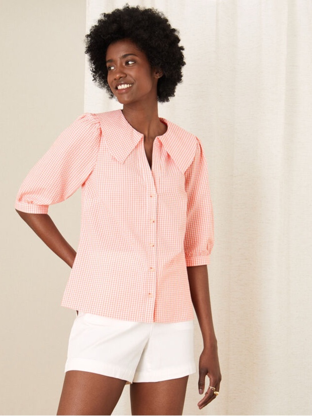 Monsoon Orange Gingham Wide Collar Button Up Blouse M Cottagecore Prairie